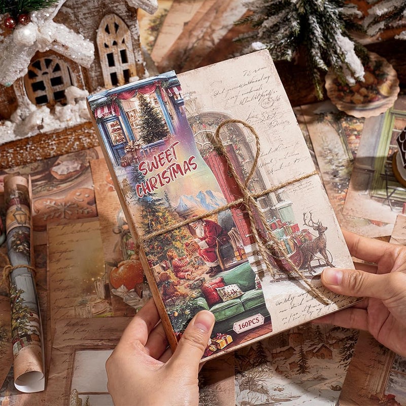 icceemee 160 sheets of Christmas scrapbook paper, Christmas theme journaling scrapbook supplies craft collage paper set, junk journal bullet journal poster room decor for card making decorative gifts - Image 1